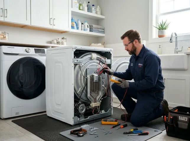 Appliance Repair Hero technician checking a dryer heating element with the rear panel off in Boyes Hot Springs, CA