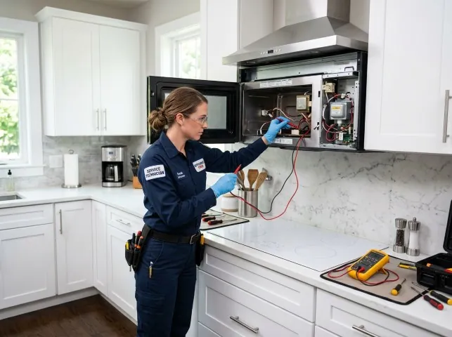 Appliance Repair Hero technician testing an over-the-range microwave in a Boyes Hot Springs, CA kitchen