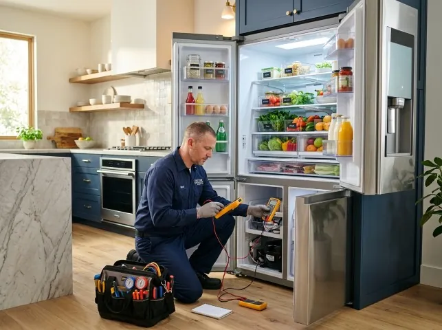 Appliance Repair Hero refrigerator technician testing a fridge on a Boyes Hot Springs, CA service call