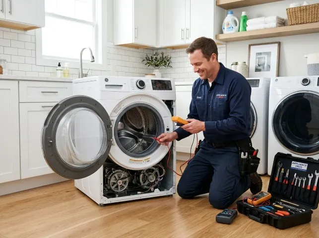 Appliance Repair Hero technician testing a front-load washer with a multimeter on a Boyes Hot Springs, CA service call